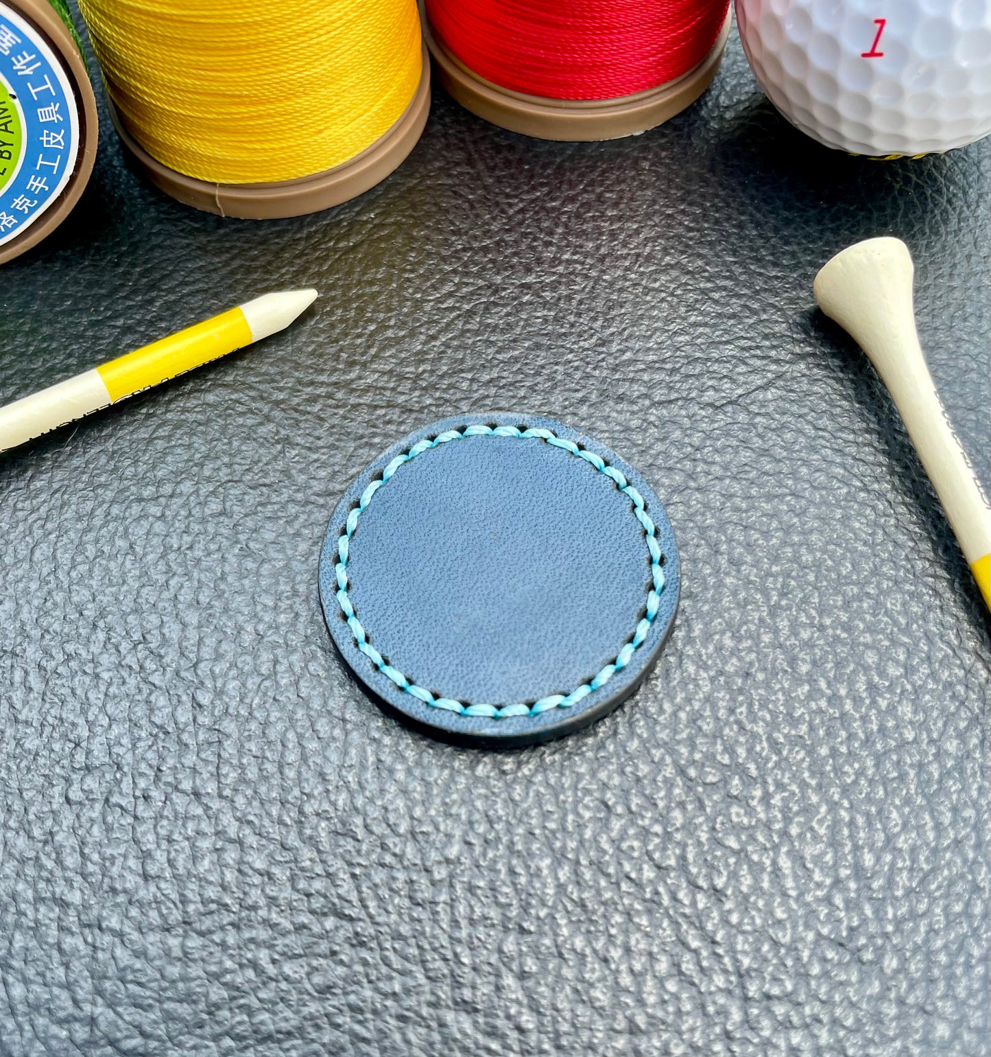 Premium Buttero Peacock Blue Leather Golf Ball Markers Set Of 2 (25mm & 40mm) Custom Embossed.