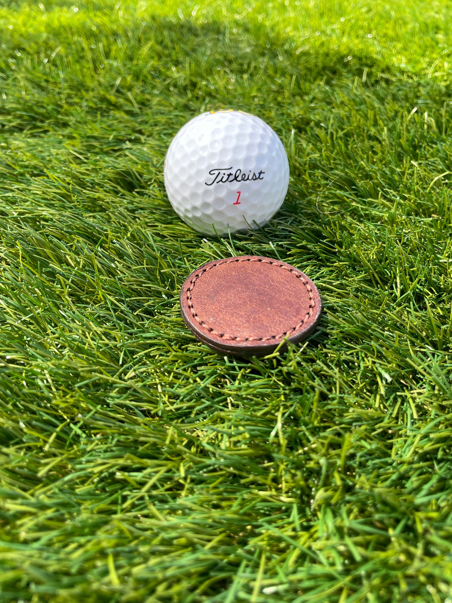 Premium Leather Golf Ball Marker Sleeve and 25mm & 40mm Ball Marker set.Custom Embossed.Saddle Stitched.