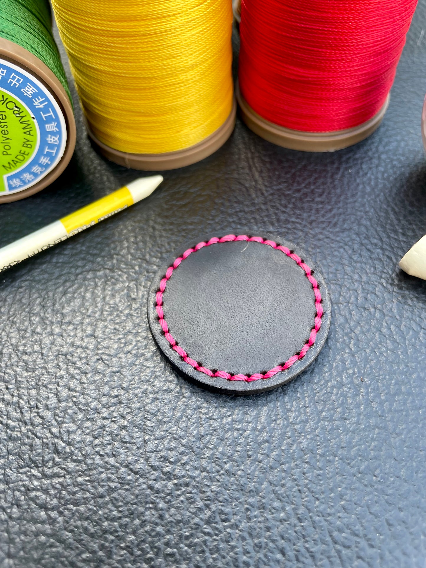 Premium Buttero Jet Black Leather Golf Ball Markers Set Of 2 (25mm & 40mm) Custom Embossed.