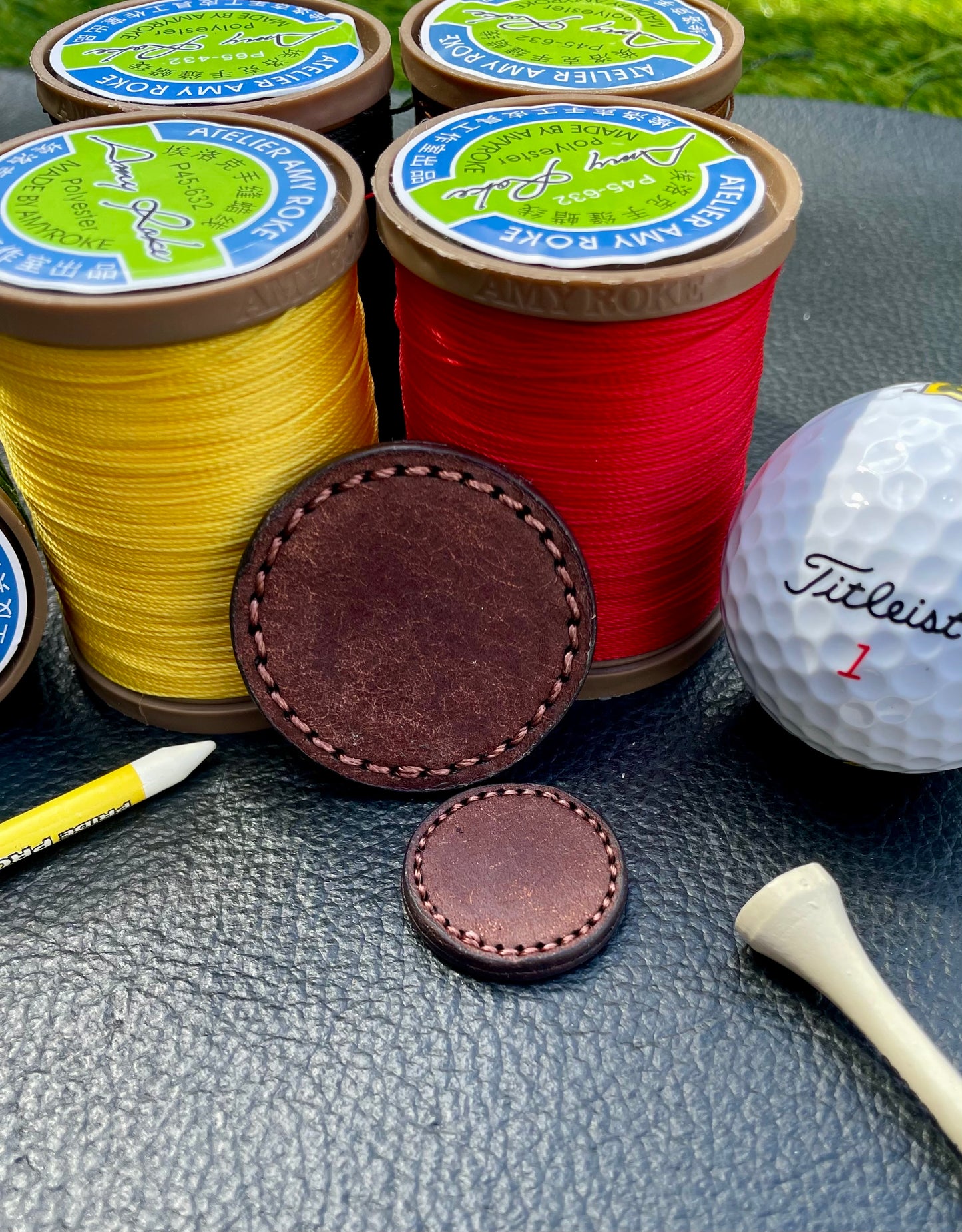 Premium Leather Golf Ball Markers 25mm & 40mm (Set of 2) Pueblo Veg Tan Leather Customisable Handstiched