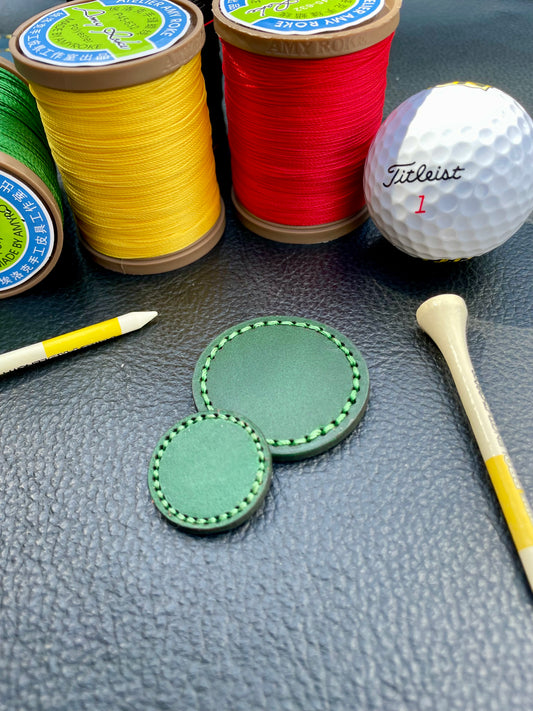 Premium Buttero Forest Green Leather Golf Ball Markers Set Of 2 (25mm & 40mm) Custom Embossed.