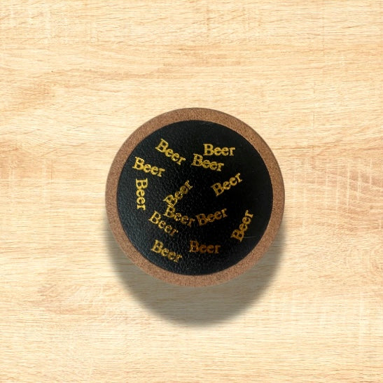 “BEER” Leather Cork Coaster (Set Of 4) & “BEER” bottle opener Gold or Silver embossed.