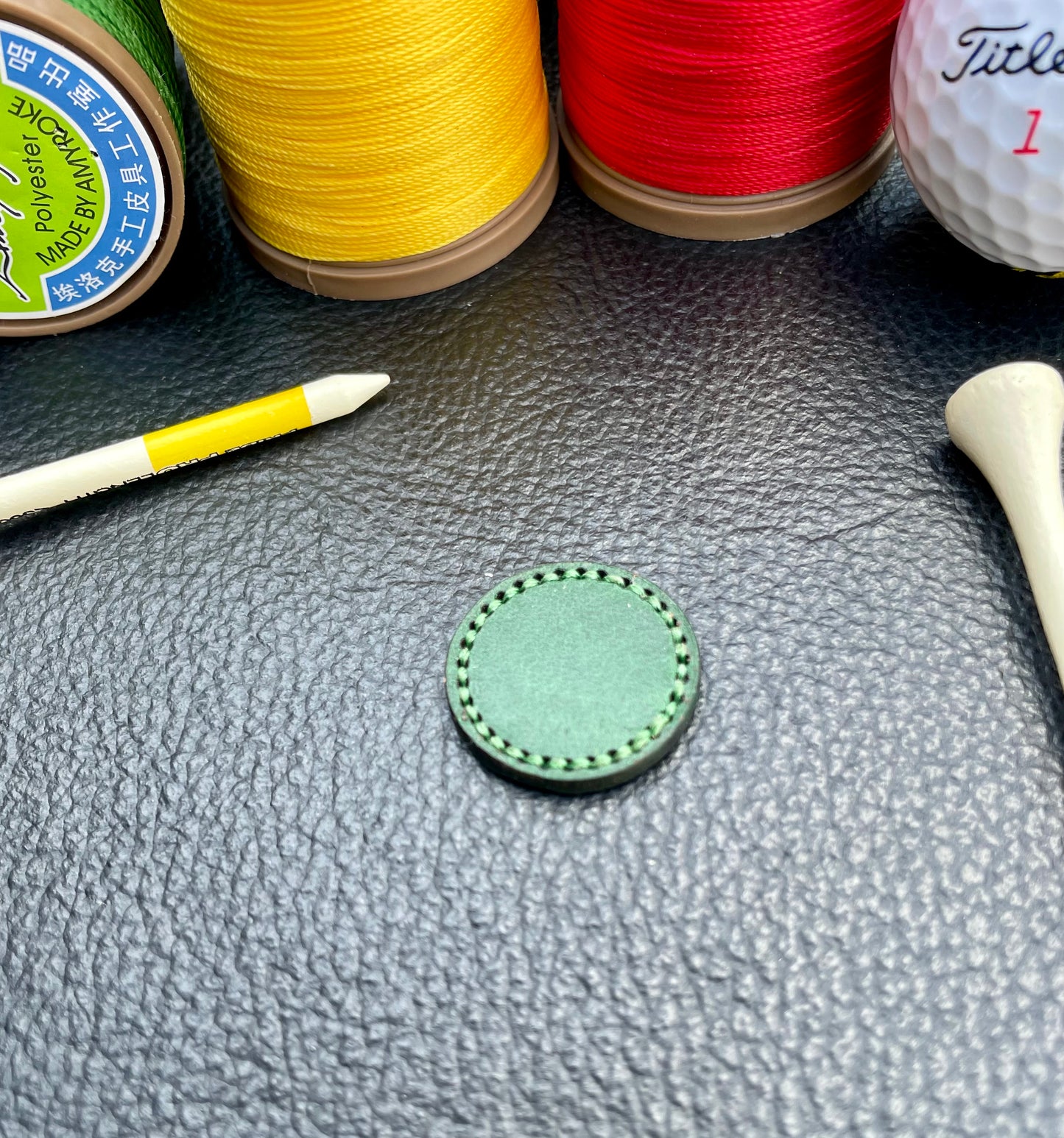 Premium Buttero Forest Green Leather Golf Ball Markers Set Of 2 (25mm & 40mm) Custom Embossed.