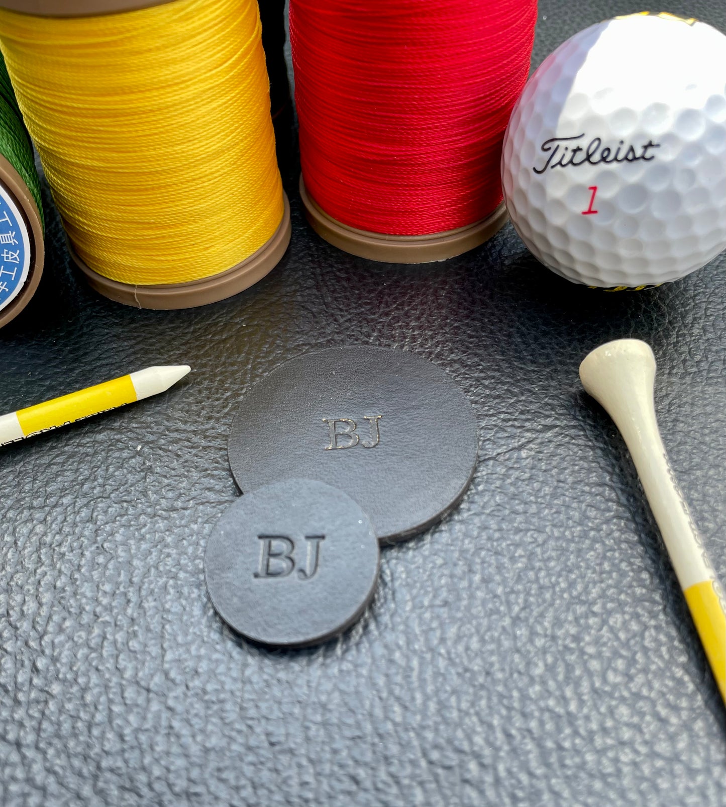 Premium Leather Golf Ball Marker Sleeve and Peacock Blue 25mm & 40mm Ball Marker set.Custom Embossed.