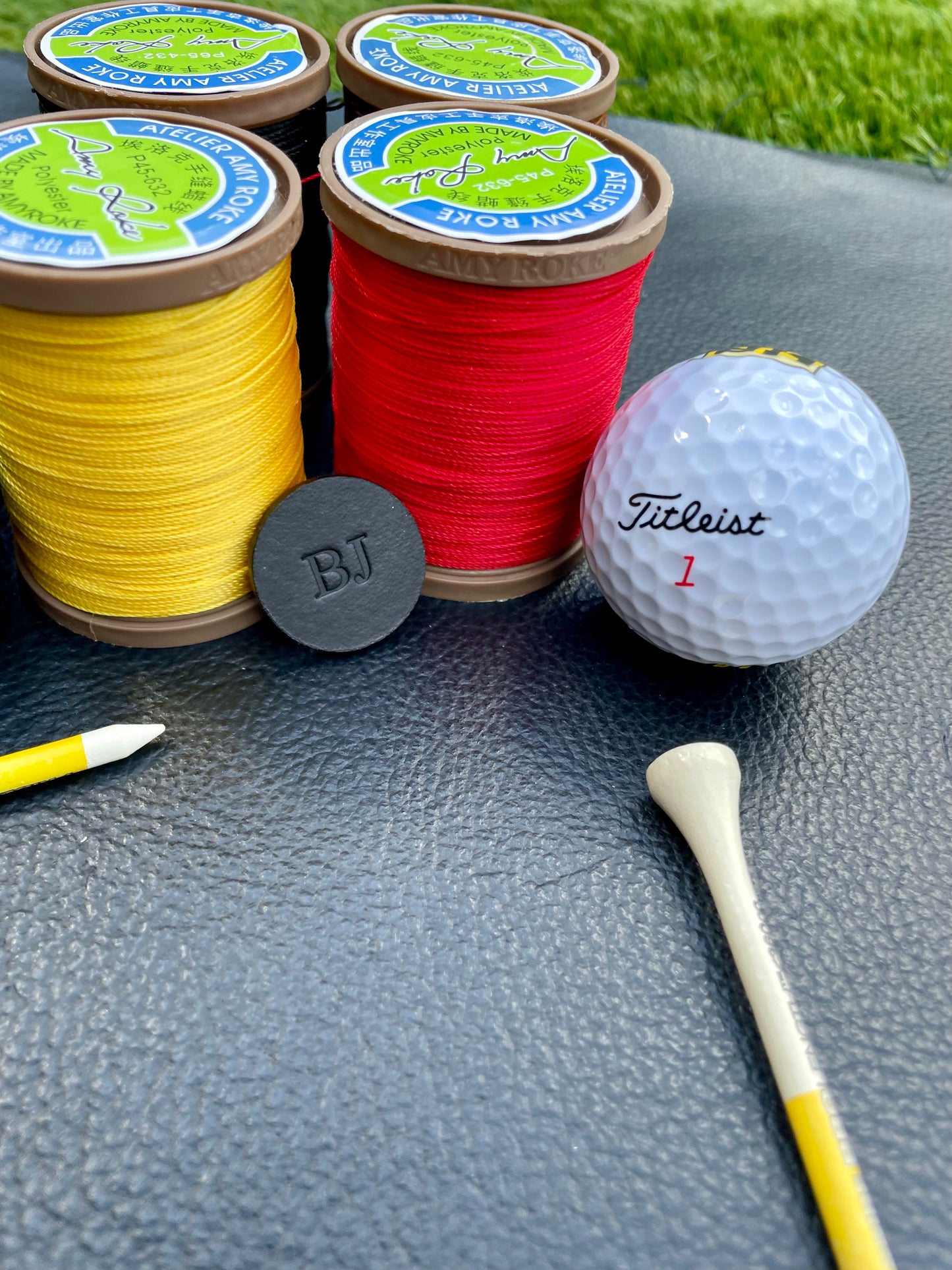 Premium Leather Golf Ball Marker Sleeve and Jet Black 25mm & 40mm Ball Marker set.Custom Embossed.