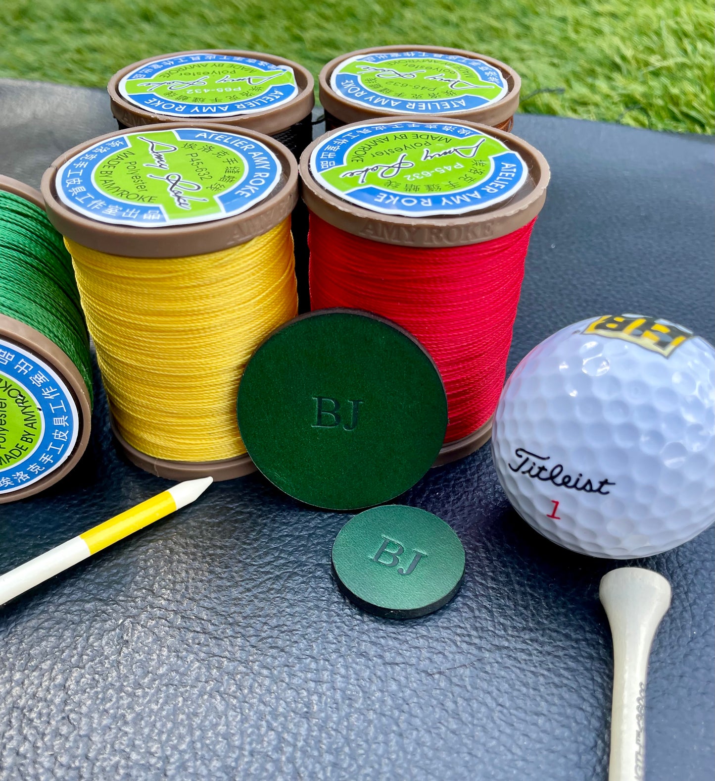 Premium Leather Golf Ball Marker Sleeve and Forest Green 25mm & 40mm Ball Marker set.Custom Embossed.