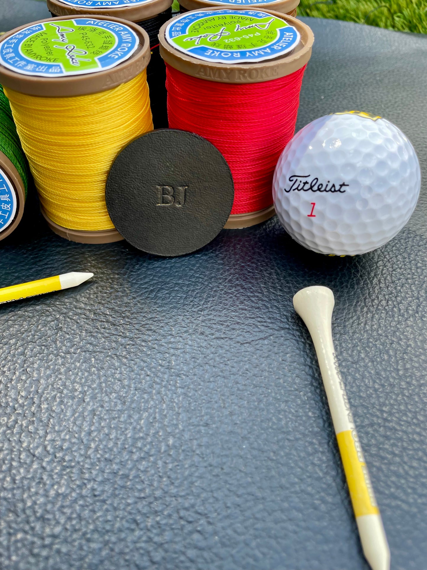 Premium Leather Golf Ball Marker Sleeve and Jet Black 25mm & 40mm Ball Marker set.Custom Embossed.