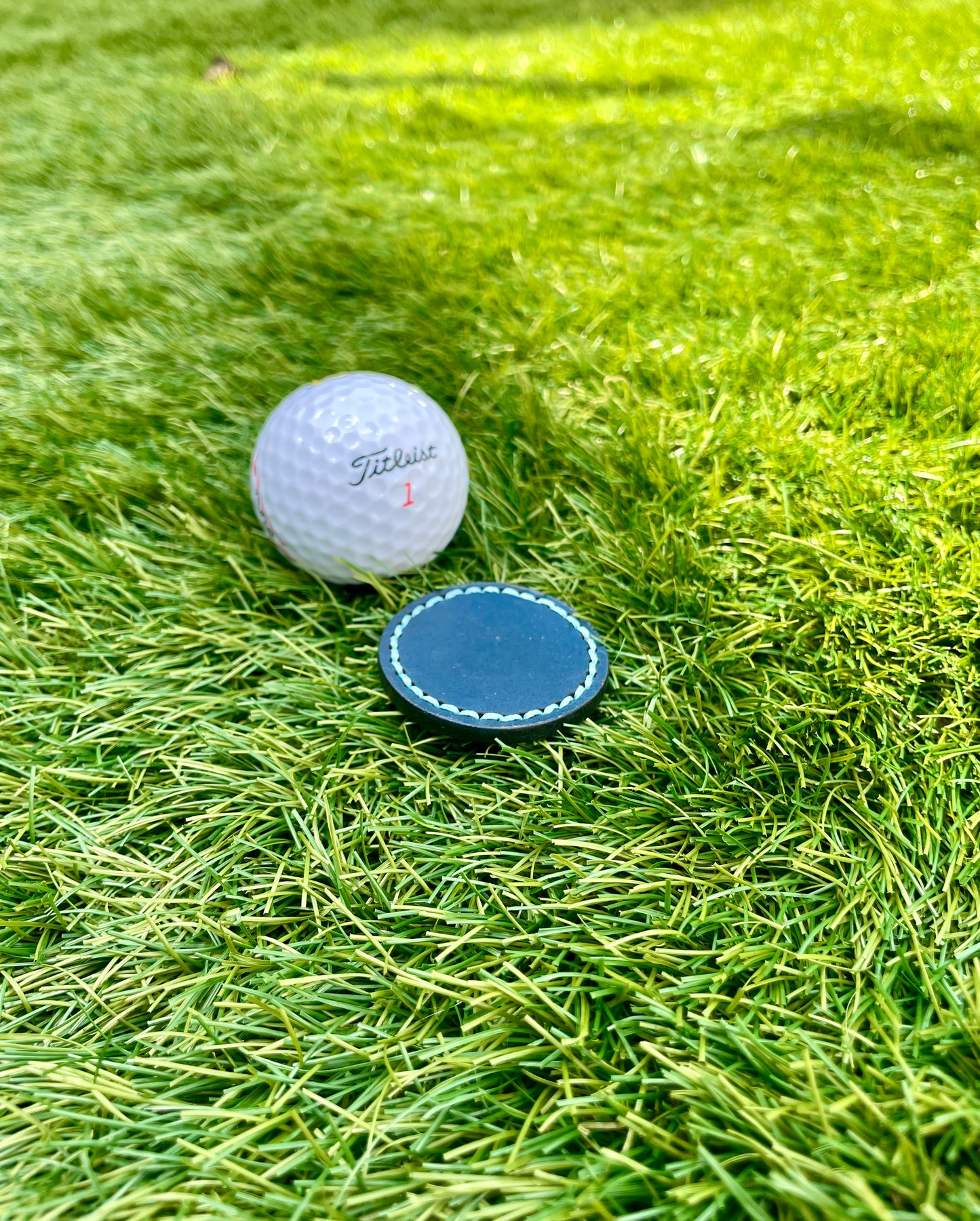 Premium 25mm Peacock Blue Walpier Buttero Leather Golf Ball Marker Custom Embossed.Saddle Stitched.