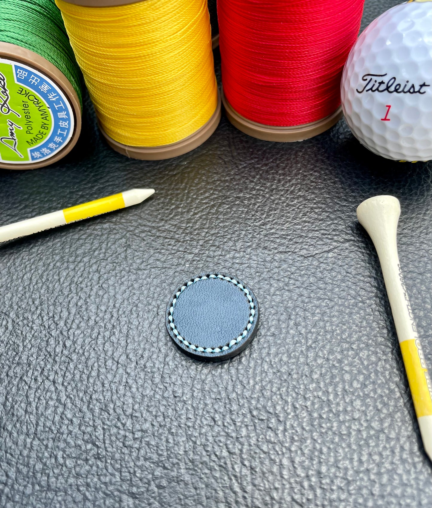 Premium Buttero Peacock Blue Leather Golf Ball Markers Set Of 2 (25mm & 40mm) Custom Embossed.