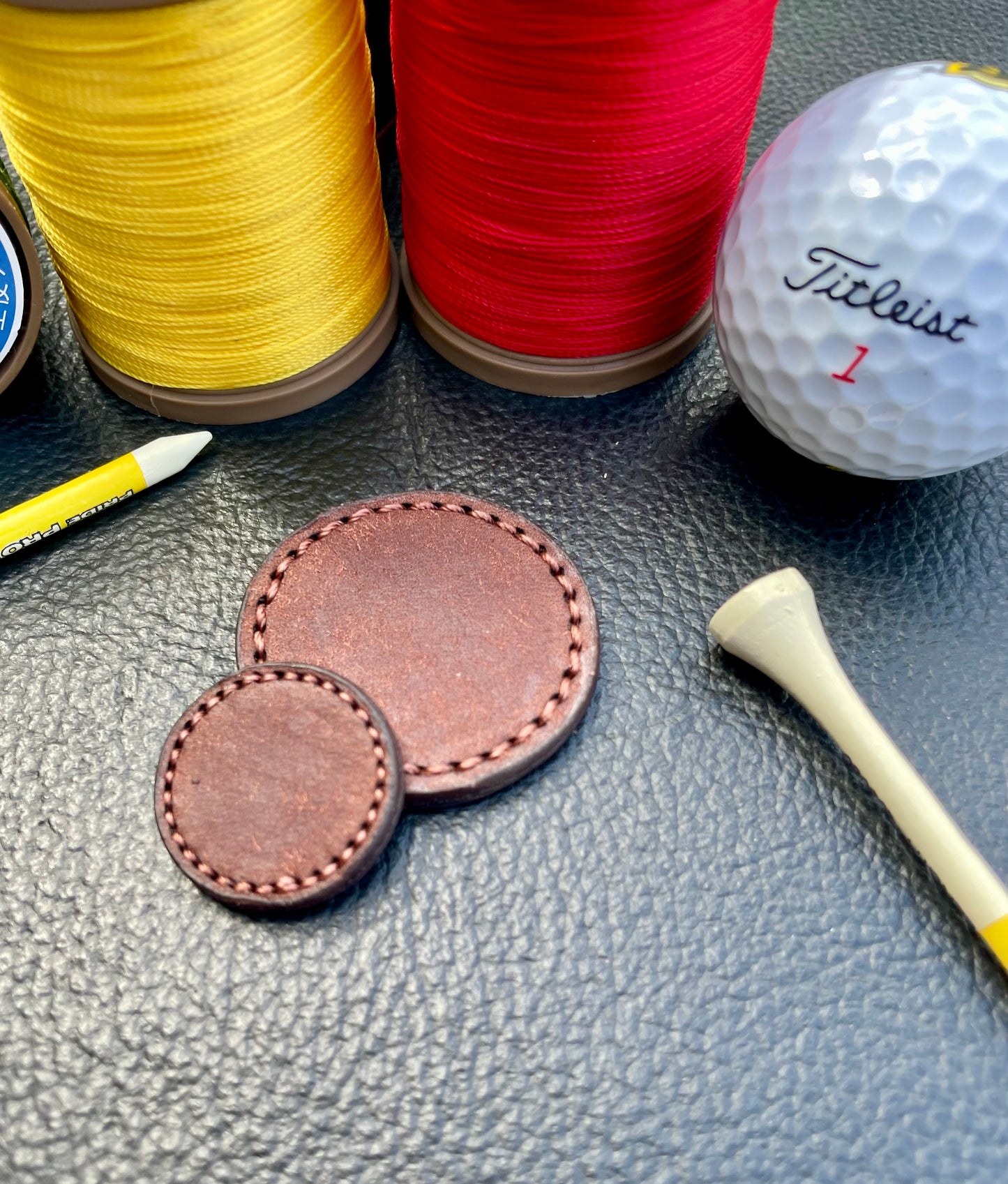 Premium Leather Golf Ball Markers 25mm & 40mm (Set of 2) Pueblo Veg Tan Leather Customisable Handstiched