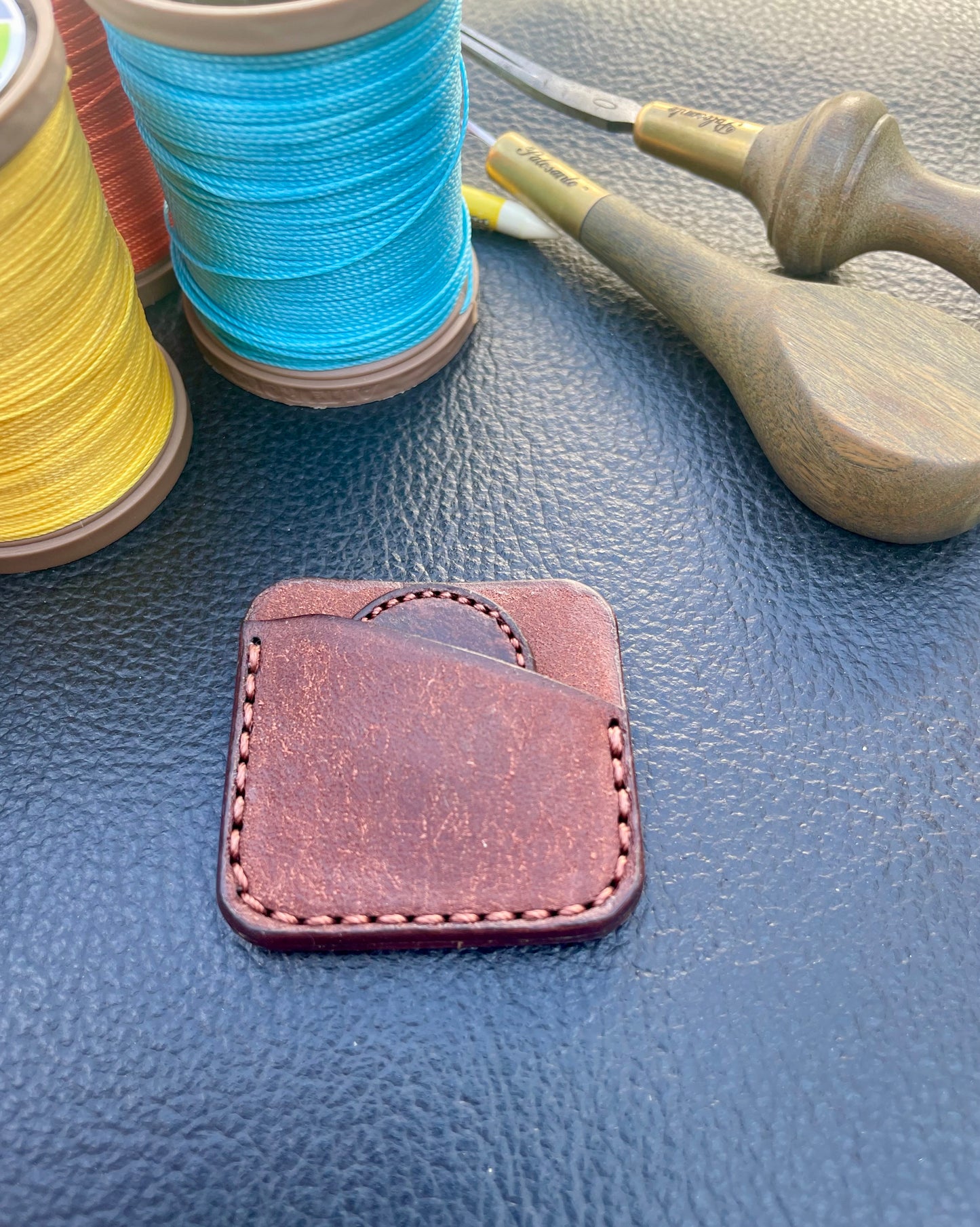 Premium Leather Golf Ball Marker Sleeve and 25mm & 40mm Ball Marker set.Custom Embossed.Saddle Stitched.