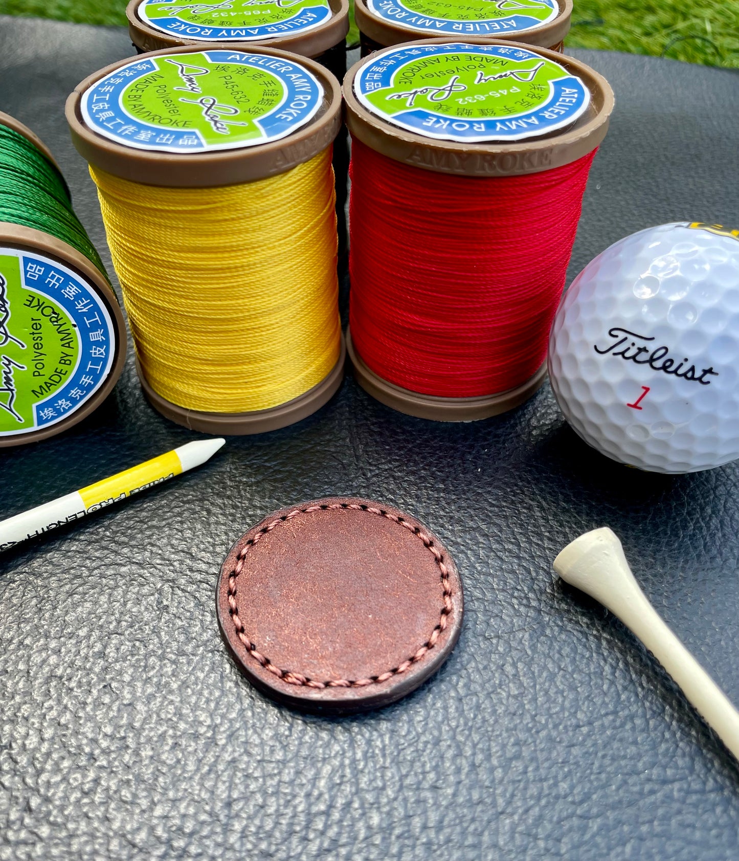 Premium 40mm Leather Golf Ball Marker Custom Gold or Silver Foil.