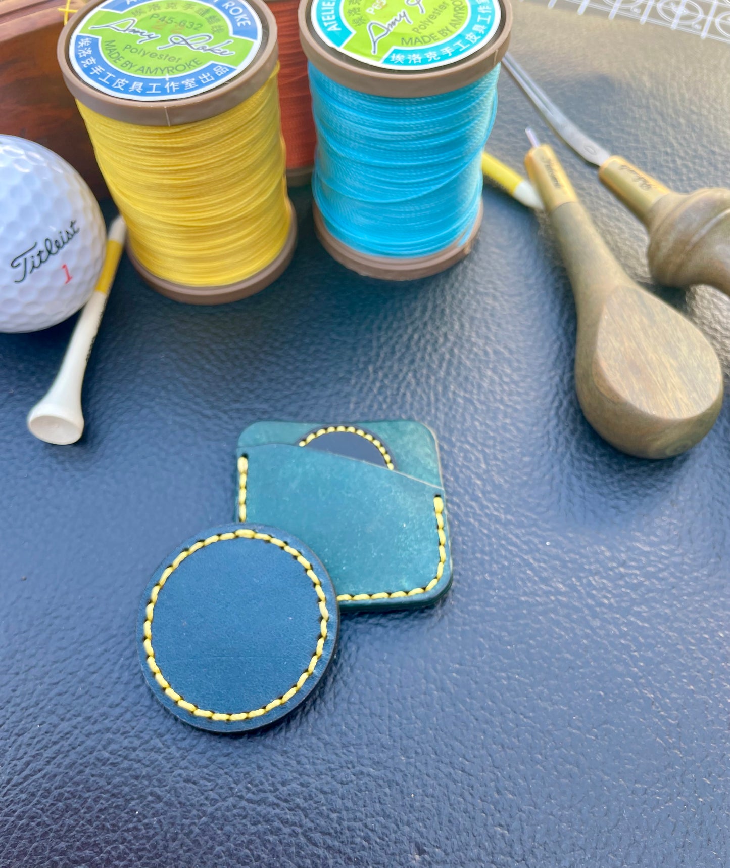 Premium Leather Golf Ball Marker Sleeve and 25mm & 40mm Ball Marker set.Custom Embossed.Saddle Stitched.