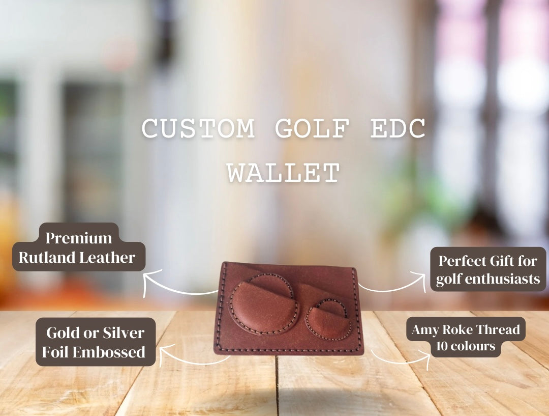 Golf EDC Wallet.Handmade Premium Leather Handstiched. Custom Gold or Silver Embossed.