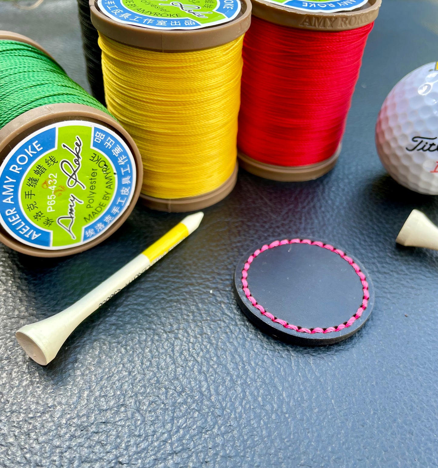 Premium Buttero Jet Black Leather Golf Ball Markers Set Of 2 (25mm & 40mm) Custom Embossed.