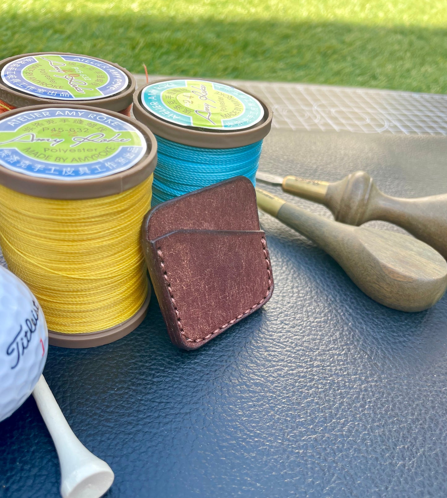 Premium Leather Golf Ball Marker Sleeve and Forest Green 25mm & 40mm Ball Marker set.Custom Embossed.