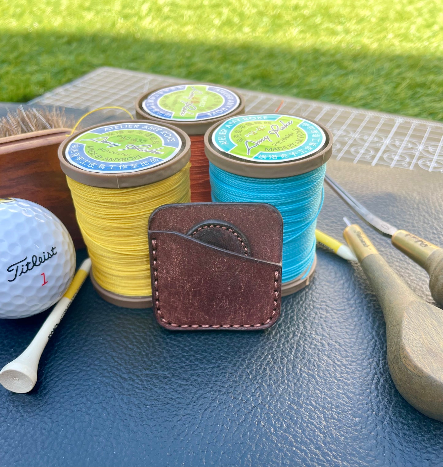 Premium Leather Golf Ball Marker Sleeve and 25mm & 40mm Ball Marker set.Custom Embossed.Saddle Stitched.