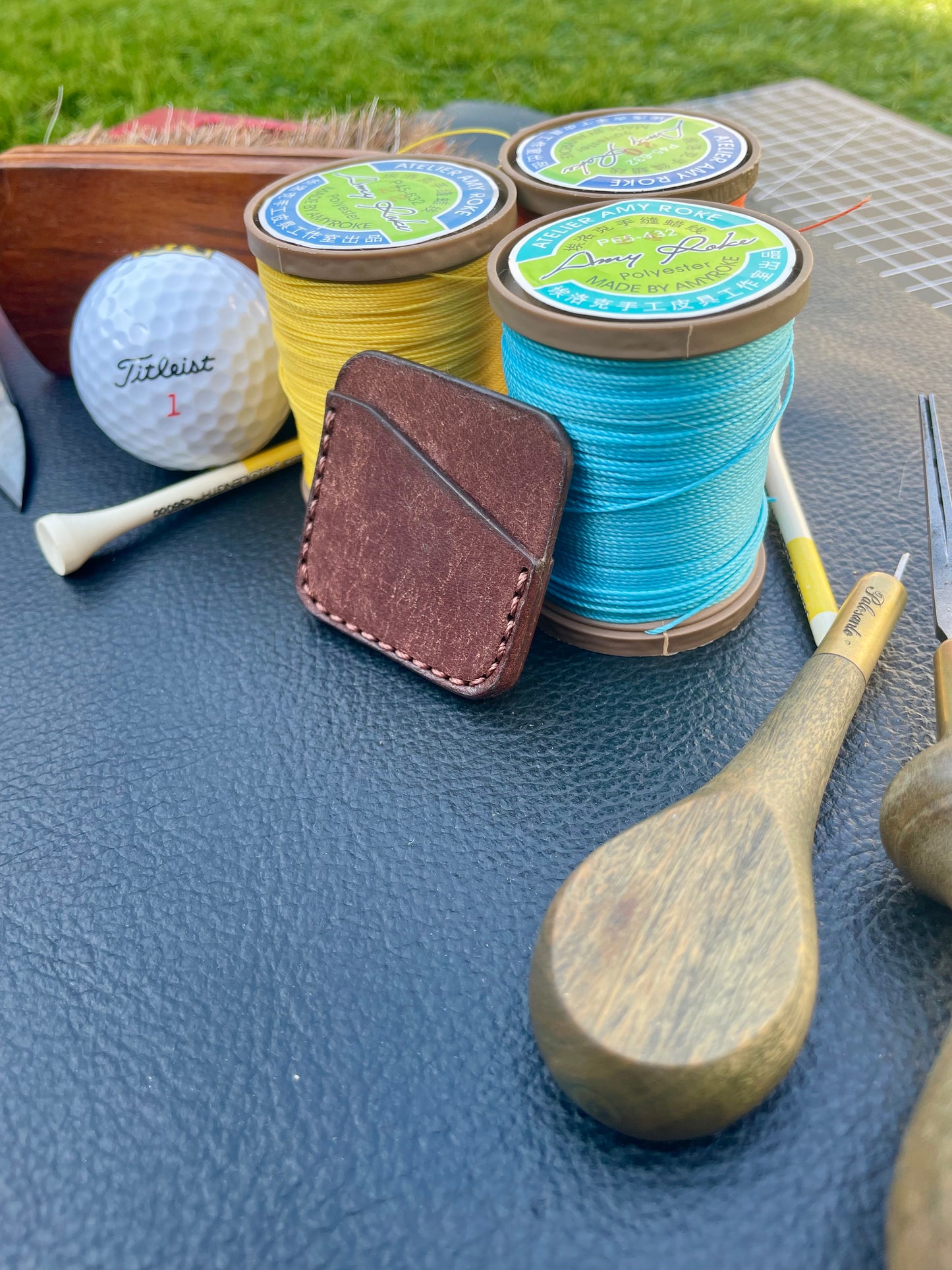 Premium Leather Golf Ball Marker Sleeve and Peacock Blue 25mm & 40mm Ball Marker set.Custom Embossed.