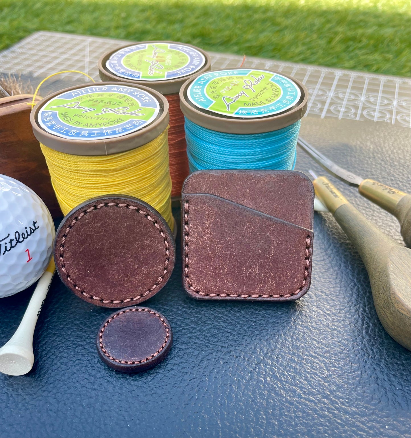 Premium Leather Golf Ball Marker Sleeve and 25mm & 40mm Ball Marker set.Custom Embossed.Saddle Stitched.