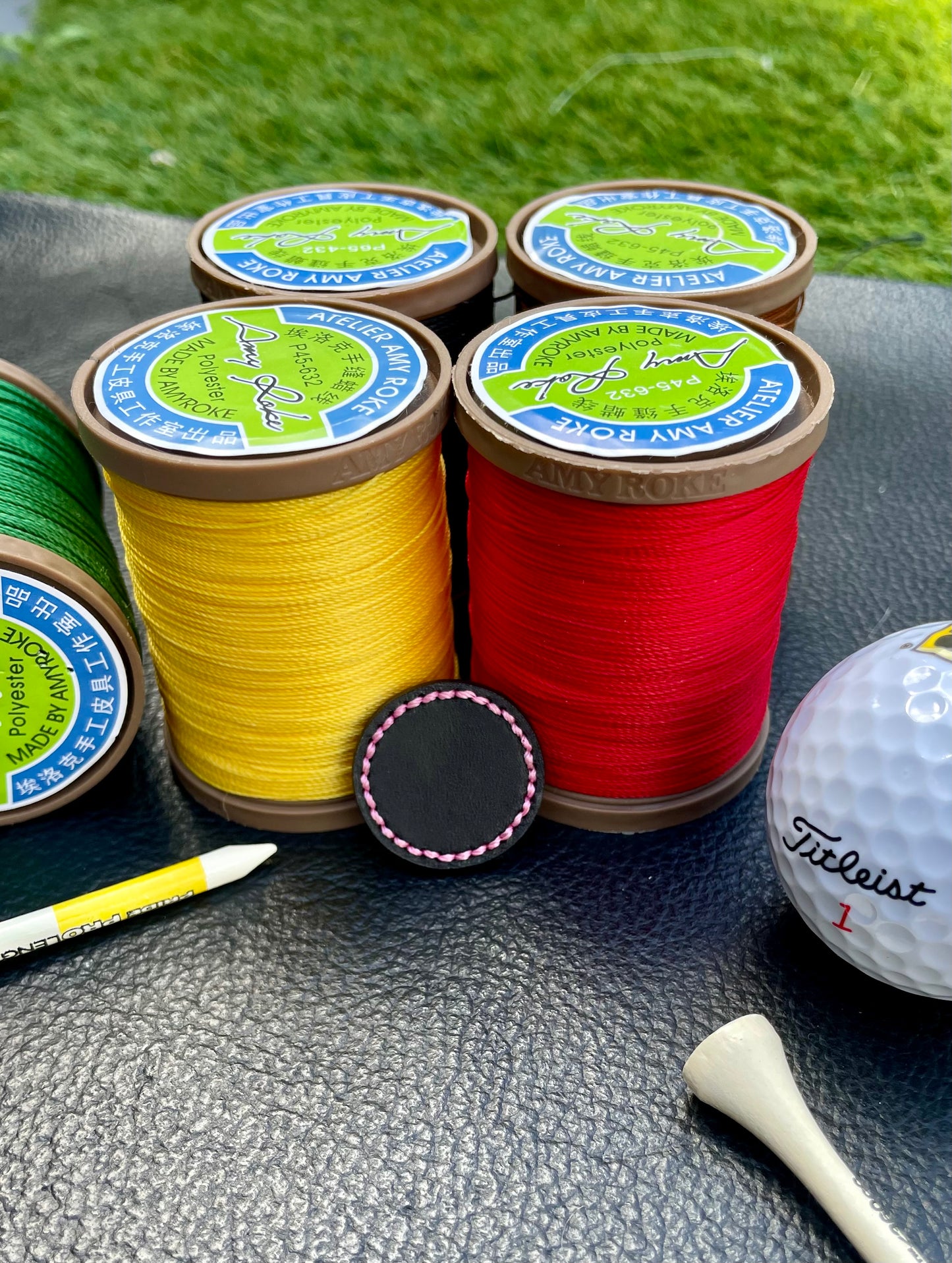 Premium Buttero Jet Black Leather Golf Ball Markers Set Of 2 (25mm & 40mm) Custom Embossed.