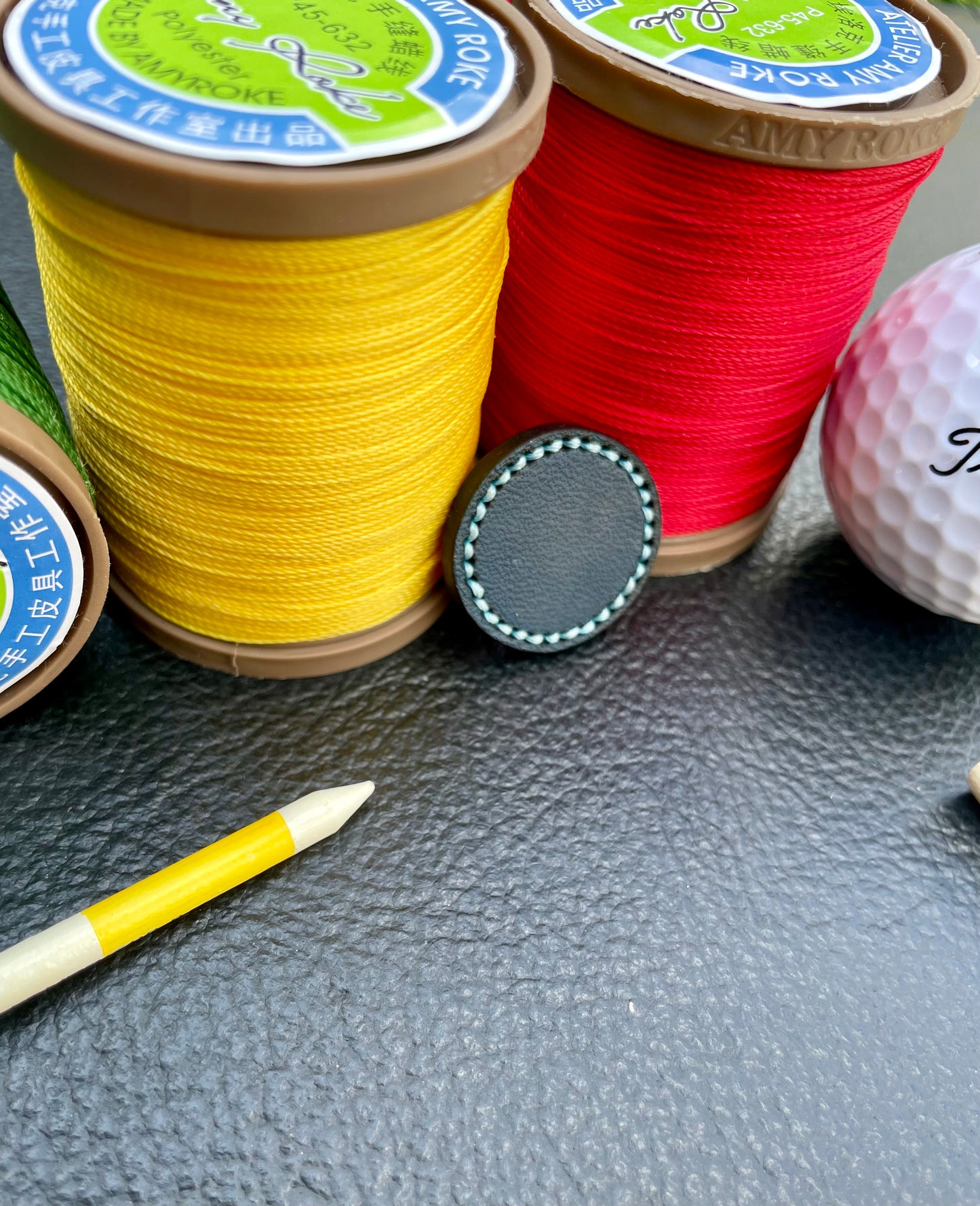 Premium 25mm Peacock Blue Walpier Buttero Leather Golf Ball Marker Custom Embossed.Saddle Stitched.