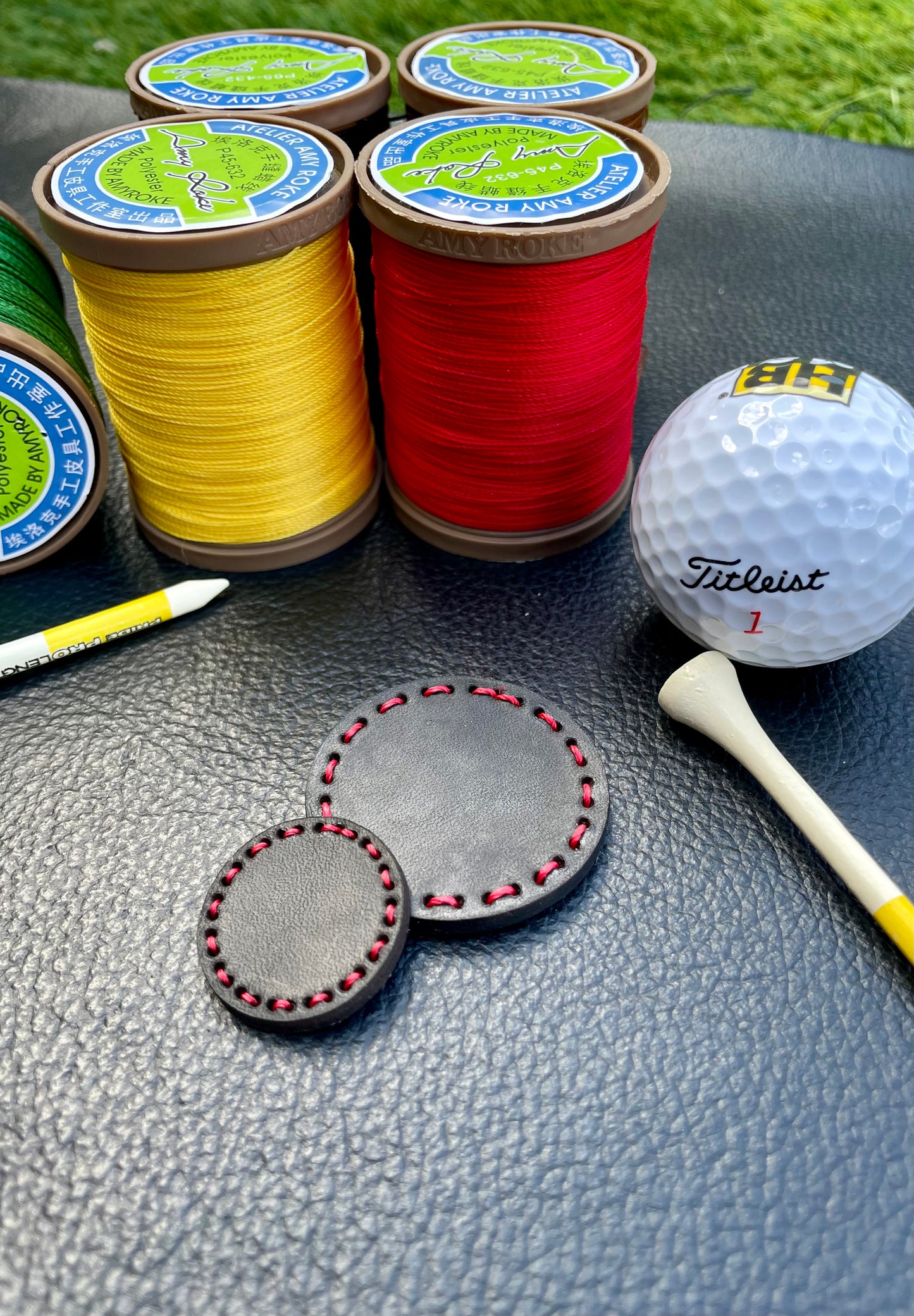 Premium Buttero Jet Black Leather Golf Ball Markers Set Of 2 (25mm & 40mm) Custom Embossed.