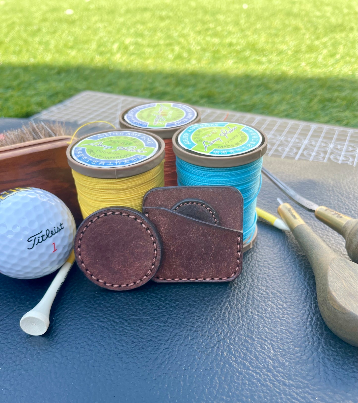 Premium Leather Golf Ball Marker Sleeve and 25mm & 40mm Ball Marker set.Custom Embossed.Saddle Stitched.