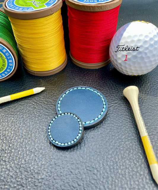 Premium Buttero Peacock Blue Leather Golf Ball Markers Set Of 2 (25mm & 40mm) Custom Embossed.