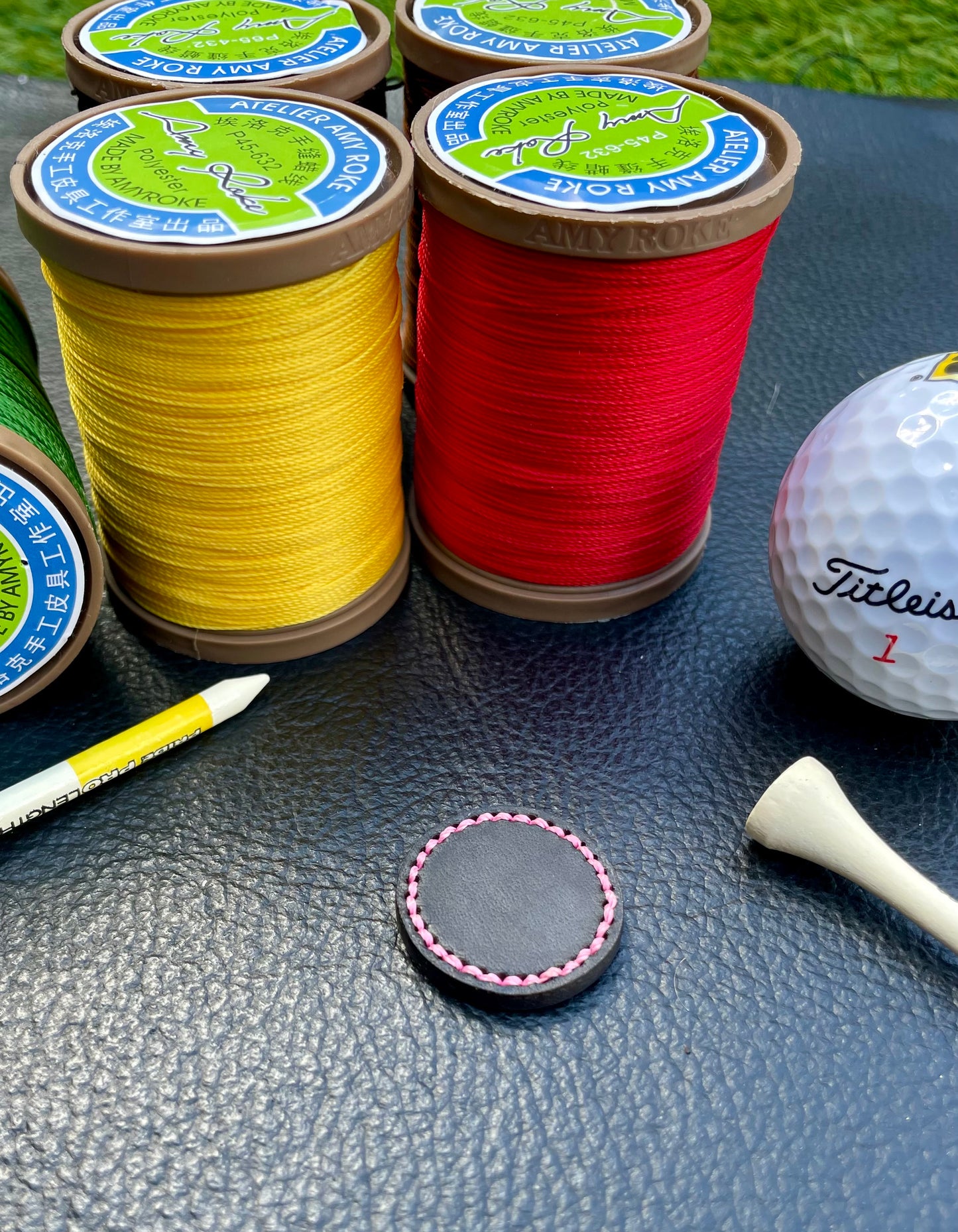 Premium Buttero Jet Black Leather Golf Ball Markers Set Of 2 (25mm & 40mm) Custom Embossed.