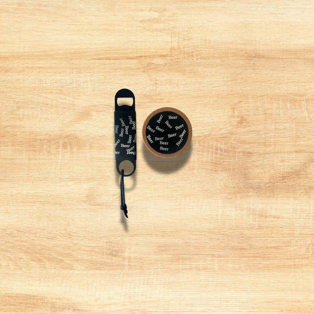 “BEER” Leather Cork Coaster (Set Of 4) & “BEER” bottle opener Gold or Silver embossed.