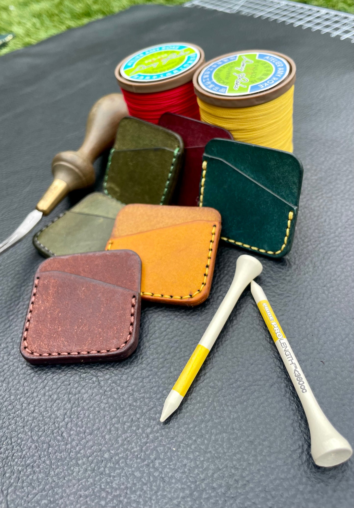 Premium Leather Golf Ball Marker Sleeve and Forest Green 25mm & 40mm Ball Marker set.Custom Embossed.