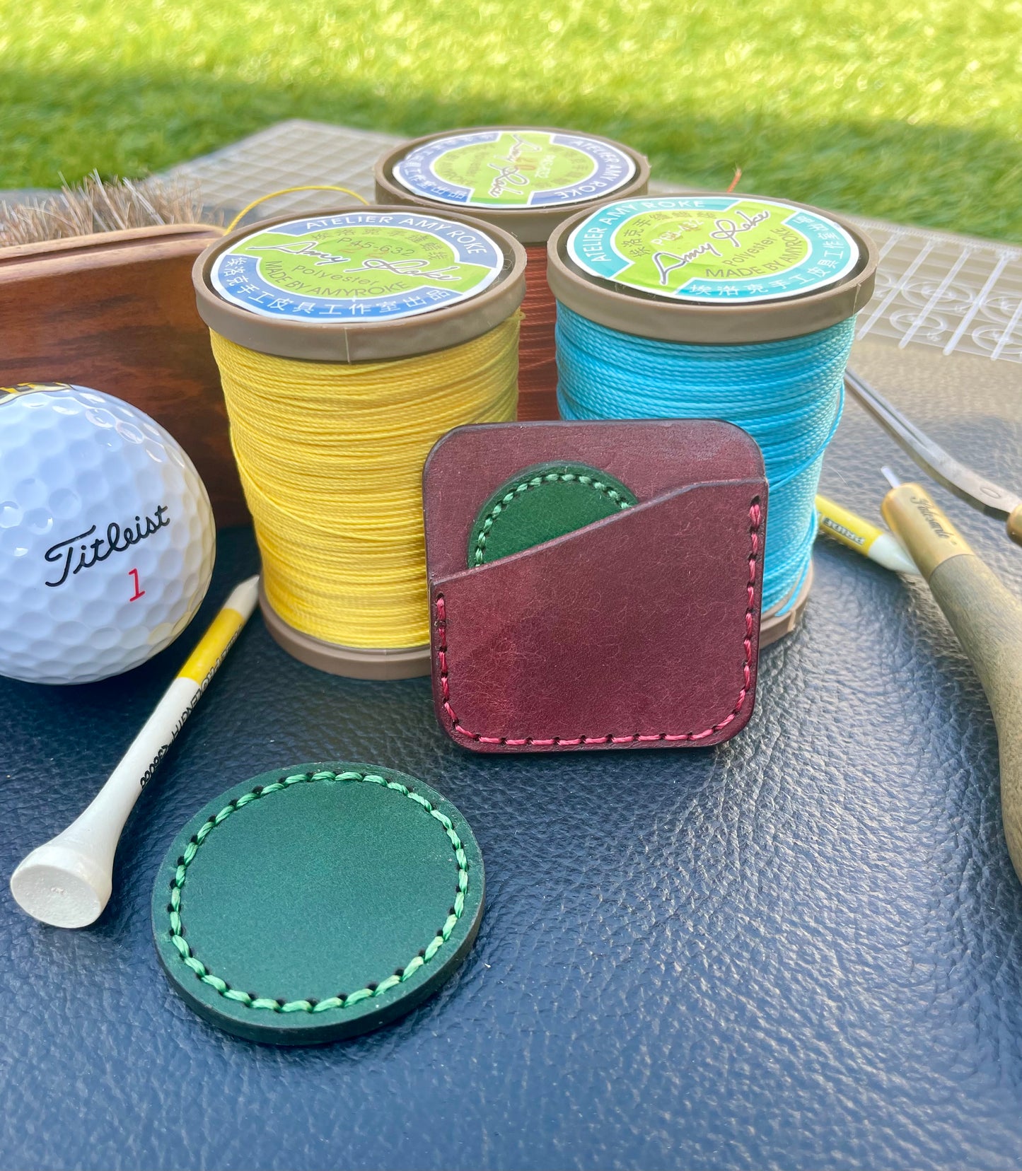 Premium Leather Golf Ball Marker Sleeve and 25mm & 40mm Ball Marker set.Custom Embossed.Saddle Stitched.