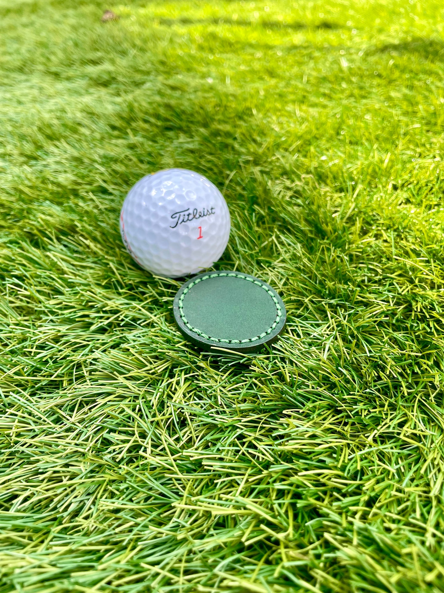 Premium Buttero Forest Green Leather Golf Ball Markers Set Of 2 (25mm & 40mm) Custom Embossed.