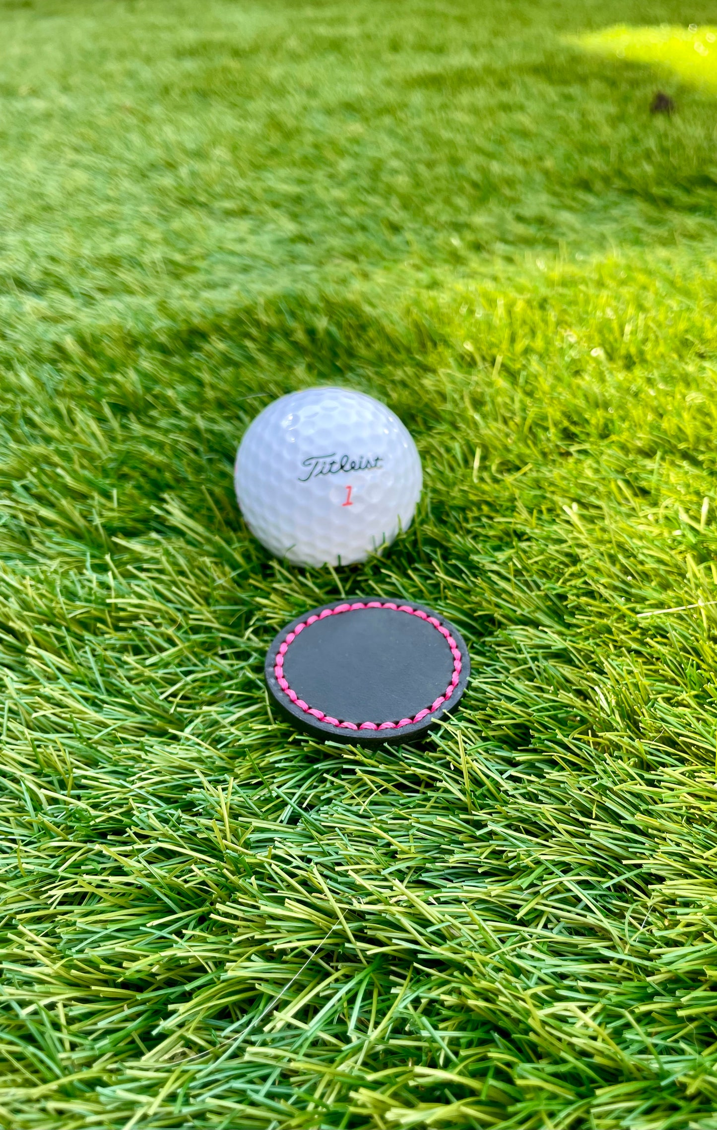 Premium Buttero Jet Black Leather Golf Ball Markers Set Of 2 (25mm & 40mm) Custom Embossed.