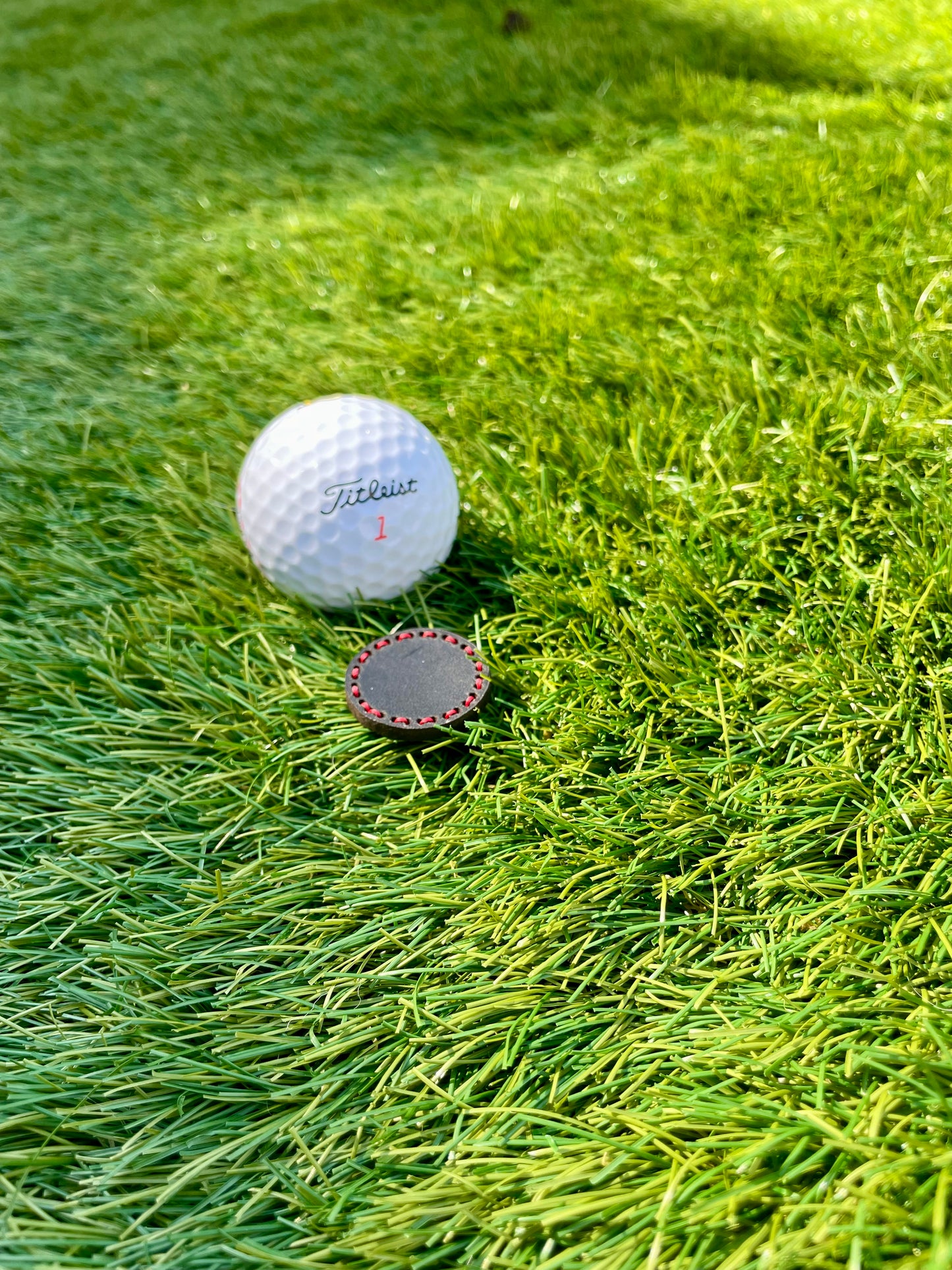 Premium 25mm Jet Black Walpier Buttero Leather Golf Ball Marker Custom Embossed.Saddle Stitched.