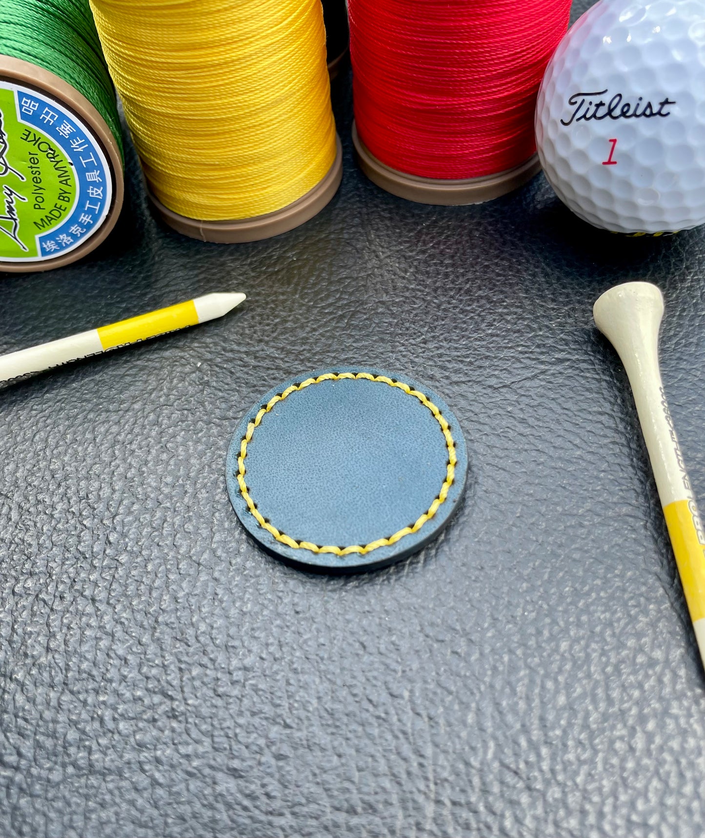 Premium 40mm Peacock Blue Walpier Buttero Leather Golf Ball Marker Custom Embossed.Saddle Stitched. (Copy)