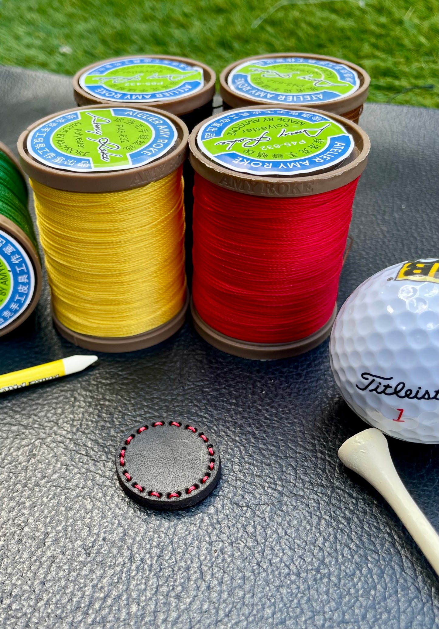 Premium 25mm Jet Black Walpier Buttero Leather Golf Ball Marker Custom Embossed.Saddle Stitched.