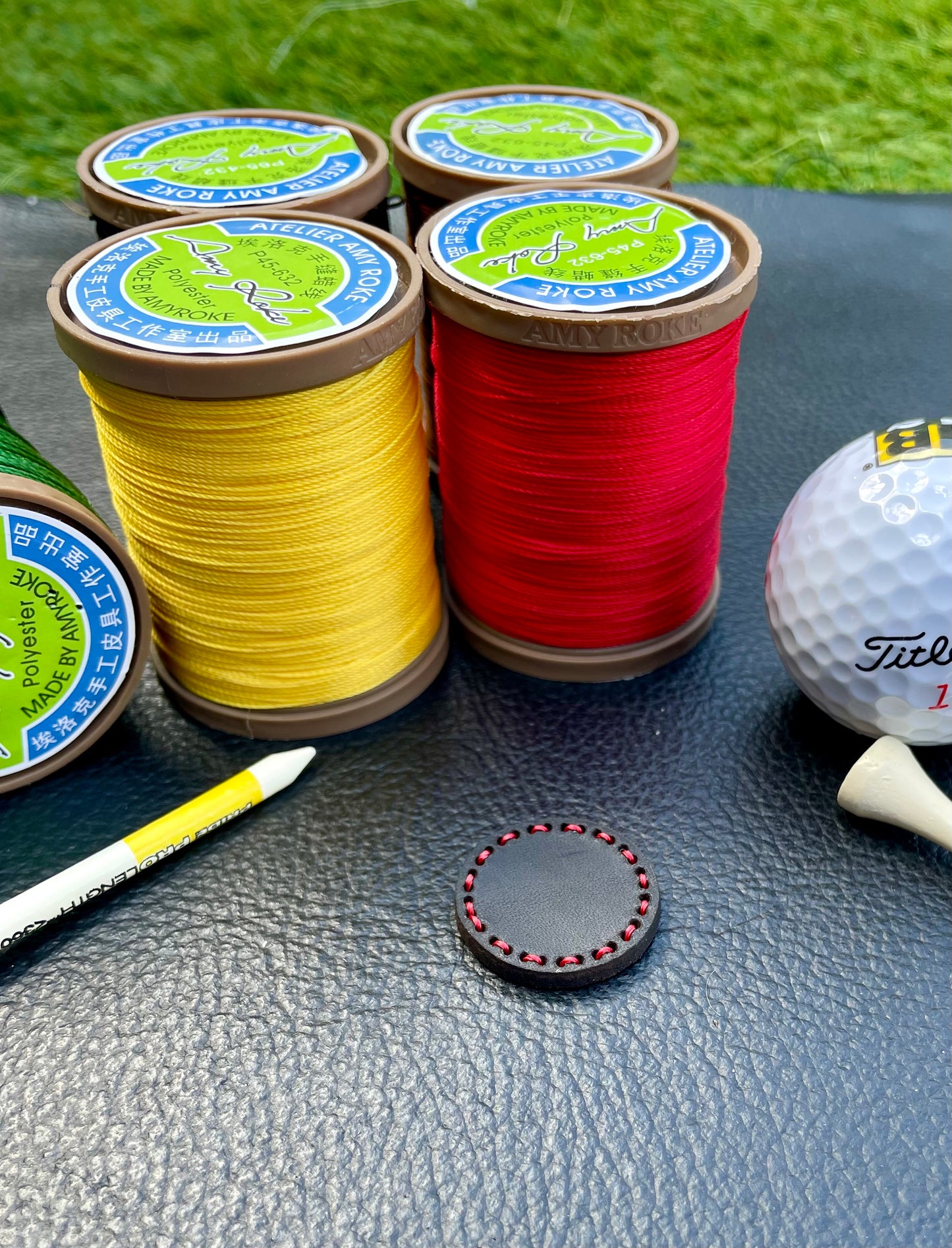 Premium 25mm Jet Black Walpier Buttero Leather Golf Ball Marker Custom Embossed.Saddle Stitched.